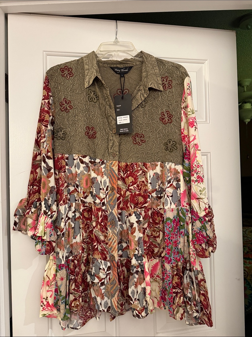 Young Threads Floral Patchwork Tiered Blouse - Olive & Multi
